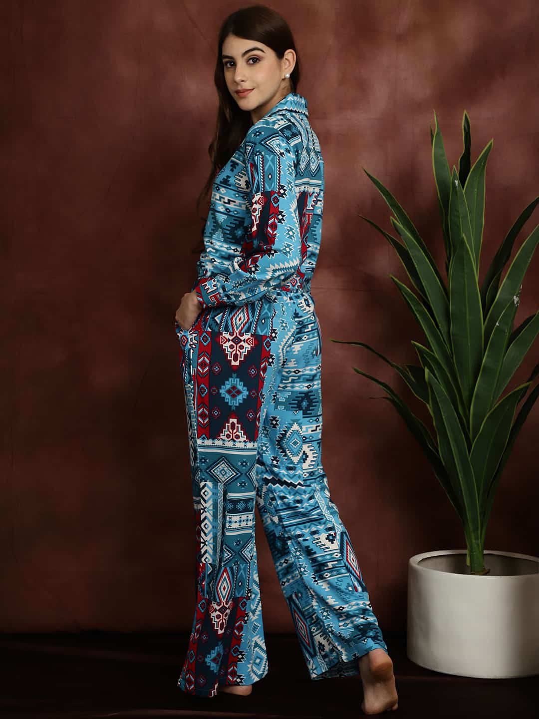 Blue Abstract Printed Viscose Rayon Shirt With Pyjamas Nightsuit Claura Designs Pvt. Ltd. Nightsuit Long Sleeves, Nightsuit, Rayon, Sleepwear