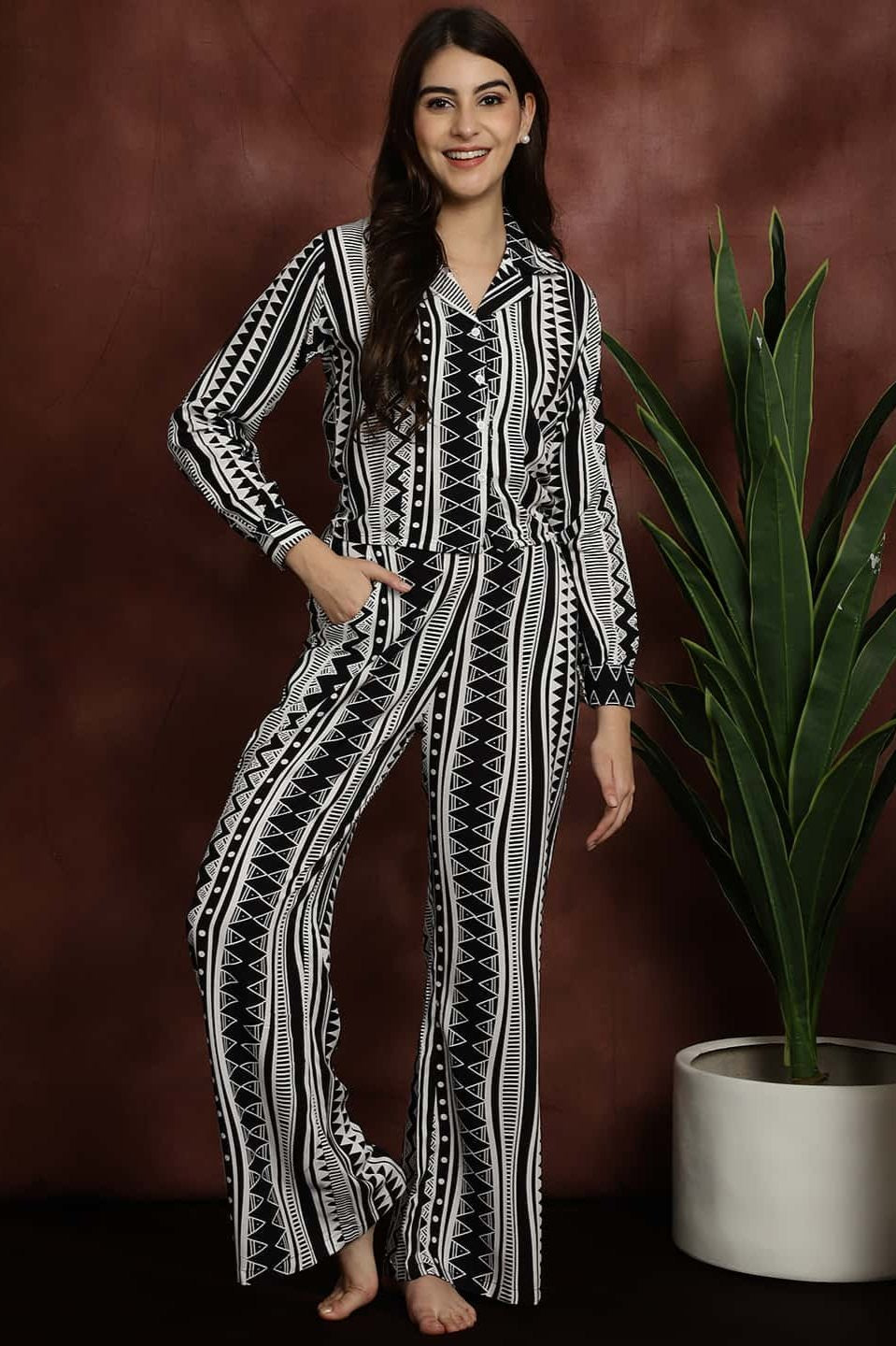 Black & White Abstract Printed Viscose Rayon Shirt With Pyjamas Night Suit Claura Designs Pvt. Ltd. Nightsuit Abstract, black, long sleeves, night suit, night wear, Printed, rayon, shirt collar, White