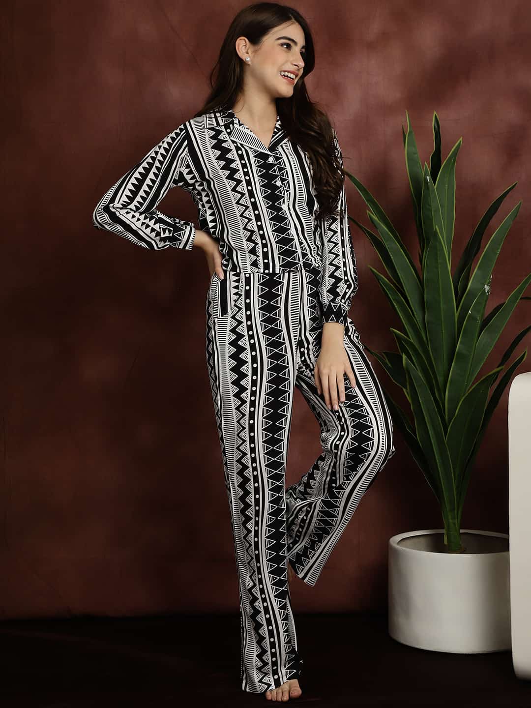 Black & White Abstract Printed Viscose Rayon Shirt With Pyjamas Night Suit Claura Designs Pvt. Ltd. Nightsuit Abstract, black, long sleeves, night suit, night wear, Printed, rayon, shirt collar, White