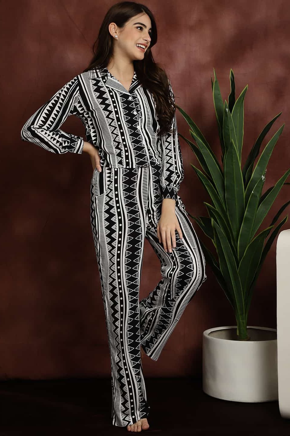 Black & White Abstract Printed Viscose Rayon Shirt With Pyjamas Night Suit Claura Designs Pvt. Ltd. Nightsuit Abstract, black, long sleeves, night suit, night wear, Printed, rayon, shirt collar, White