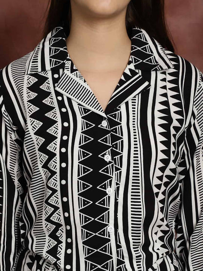 Black & White Abstract Printed Viscose Rayon Shirt With Pyjamas Night Suit Claura Designs Pvt. Ltd. Nightsuit Abstract, black, long sleeves, night suit, night wear, Printed, rayon, shirt collar, White