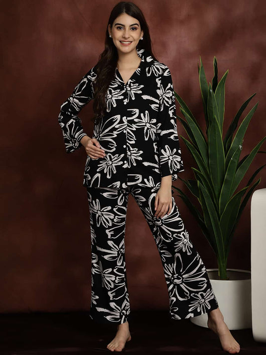 Black Floral Printed Viscose Rayon Shirt With Pyjamas Night Suit Claura Designs Pvt. Ltd. Nightsuit black, floral, long sleeves, night suit, night wear, Printed, rayon, shirt collar