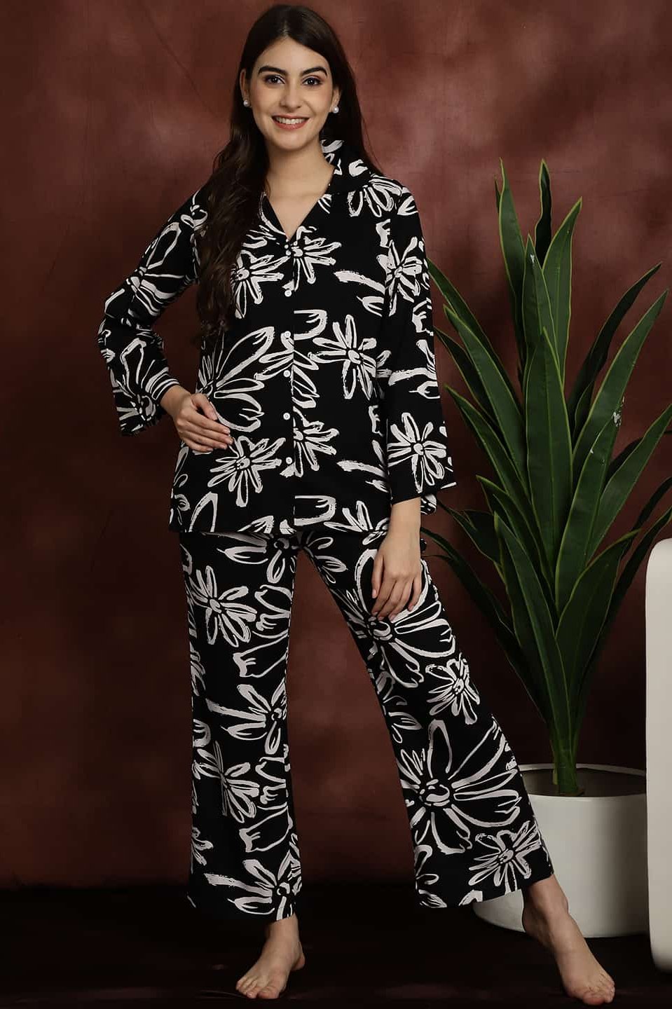 Black Floral Printed Viscose Rayon Shirt With Pyjamas Night Suit Claura Designs Pvt. Ltd. Nightsuit black, floral, long sleeves, night suit, night wear, Printed, rayon, shirt collar