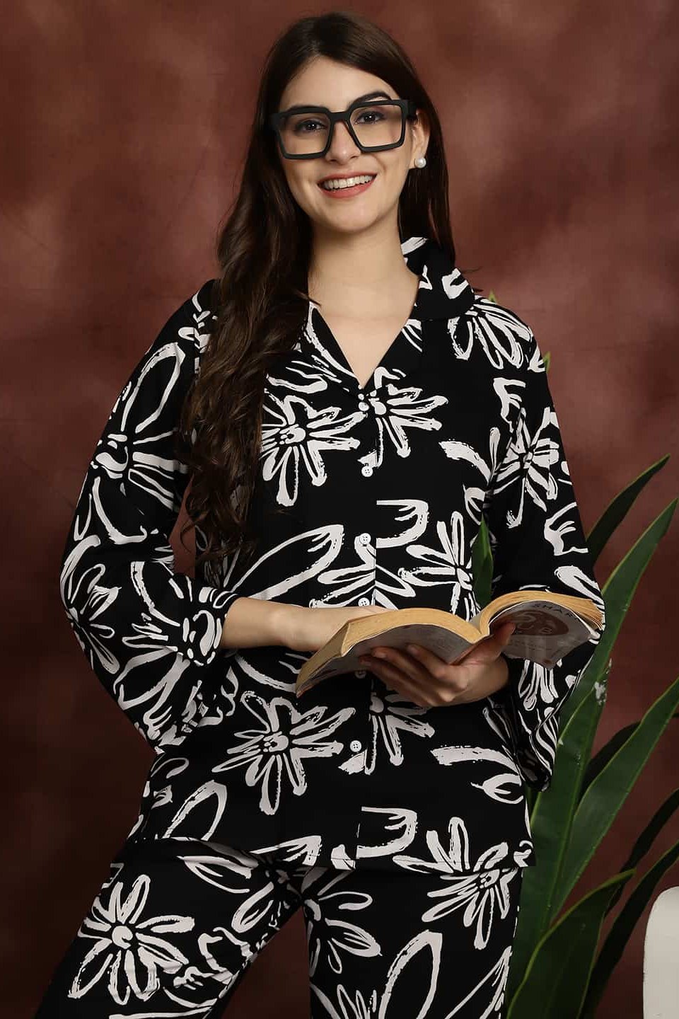 Black Floral Printed Viscose Rayon Shirt With Pyjamas Night Suit Claura Designs Pvt. Ltd. Nightsuit black, floral, long sleeves, night suit, night wear, Printed, rayon, shirt collar