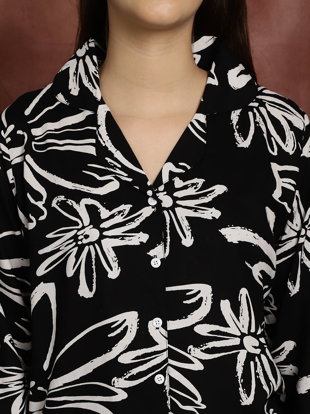 Black Floral Printed Viscose Rayon Shirt With Pyjamas Night Suit Claura Designs Pvt. Ltd. Nightsuit black, floral, long sleeves, night suit, night wear, Printed, rayon, shirt collar