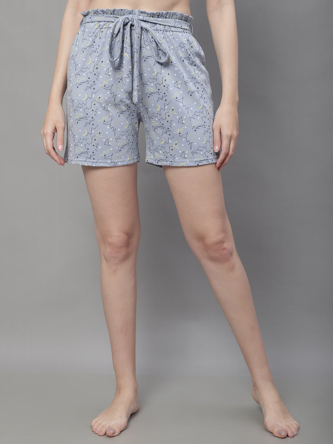 Grey Color Abstract Printed Cotton  Shorts For Woman Claura Designs Pvt. Ltd. Lounge Shorts Abstract, Cotton, Grey, Lounge Short, Loungeshort_size, Printed, Shorts