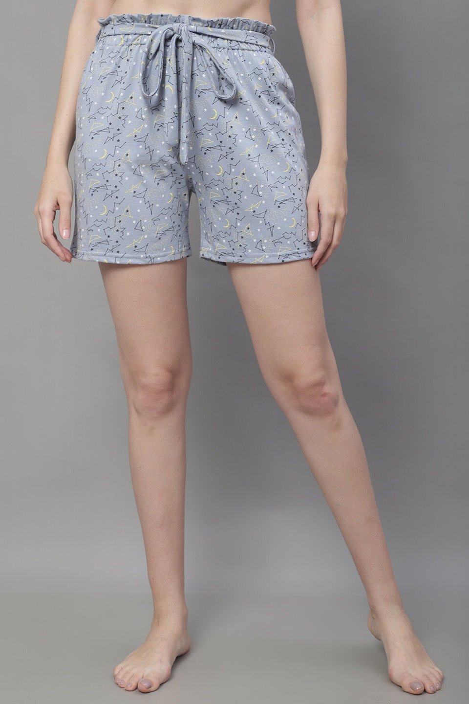 Grey Color Abstract Printed Cotton  Shorts For Woman Claura Designs Pvt. Ltd. Lounge Shorts Abstract, Cotton, Grey, Lounge Short, Loungeshort_size, Printed, Shorts