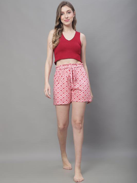 Pink Color Floral Printed Cotton Shorts For Woman Claura Designs Pvt. Ltd. Lounge Shorts Cotton, Floral, Lounge Short, Loungeshort_size, Pink, short, Sleepwear