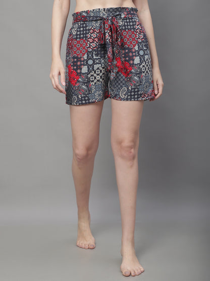 Grey Color Abstract Printed Viscose Rayon Shorts For Woman Claura Designs Pvt. Ltd. Lounge Shorts Abstract, Grey, Lounge Short, Loungeshort_size, Printed, Rayon, Shorts