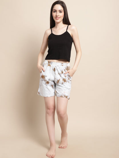 White Color Tie and Dye Printed Cotton Short For Women Claura Designs Pvt. Ltd. Lounge Shorts Cotton, Lounge Short, Loungeshort_size, multi color, Printed, Shorts, tie and dye, White