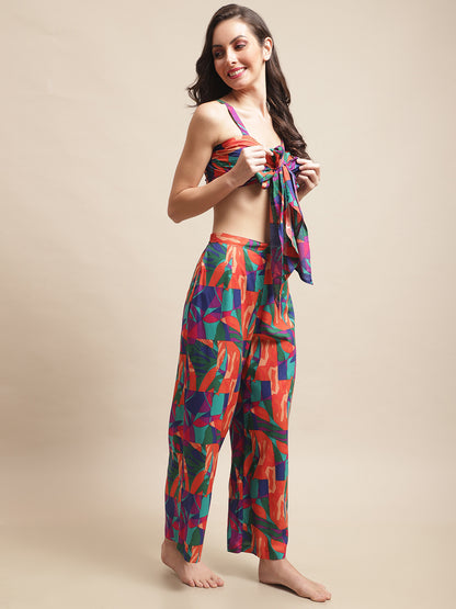 Multi Color Abstract Printed Viscose Rayon Pyjama & Top  Beachwear For Woman Claura Designs Pvt. Ltd. Beachwear Beachwear, Beachwear_size, Coverup, multi color, Rayon, Swimwear
