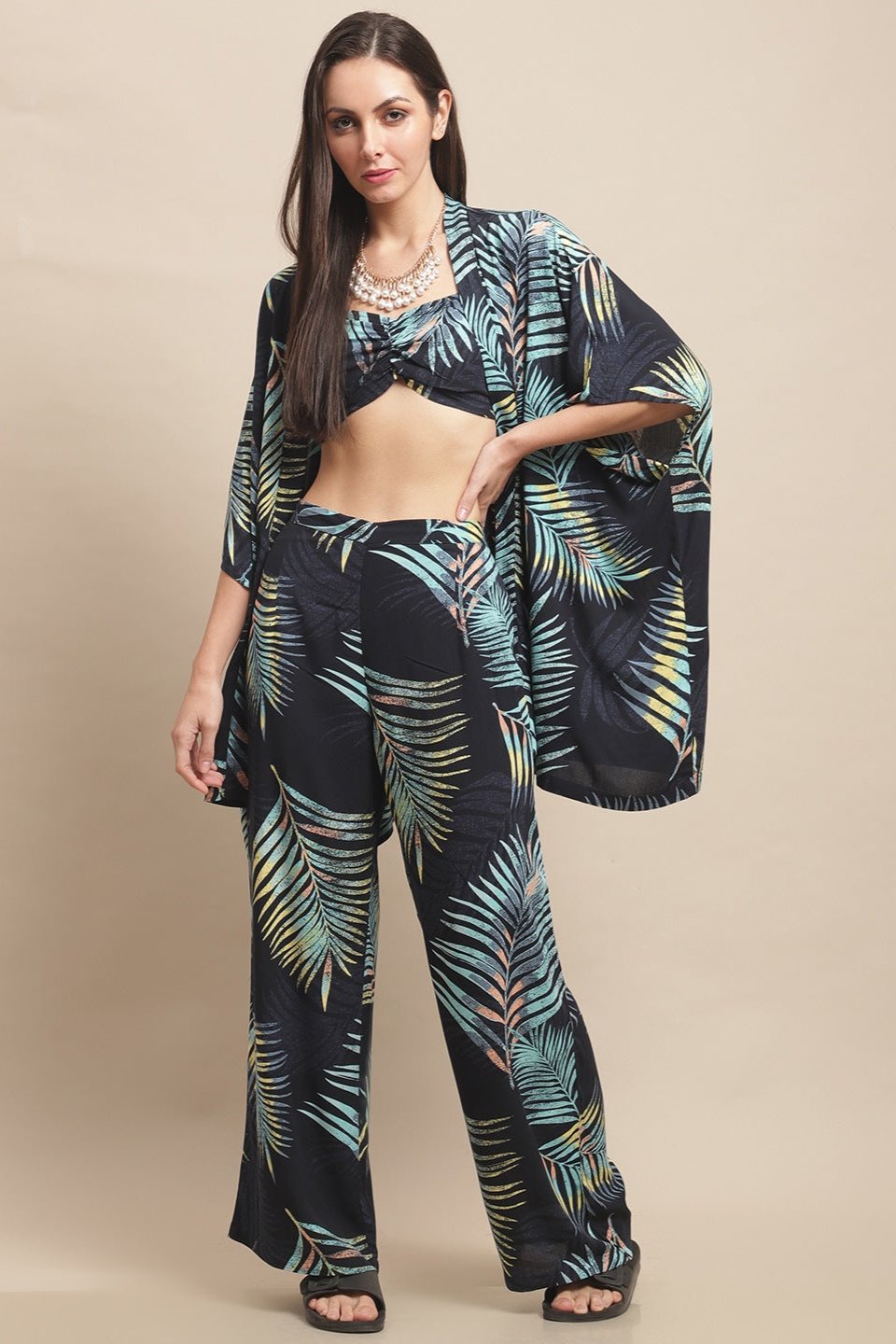 Navy Color Tropical Printed Viscose Rayon 3 pcs Beachwear Coverup Set Pyjama,Top and Robe For Woman Claura Designs Pvt. Ltd. Beachwear Beachwear, Beachwear_size, Coverup, Navy Blue, Swimwear, tropical