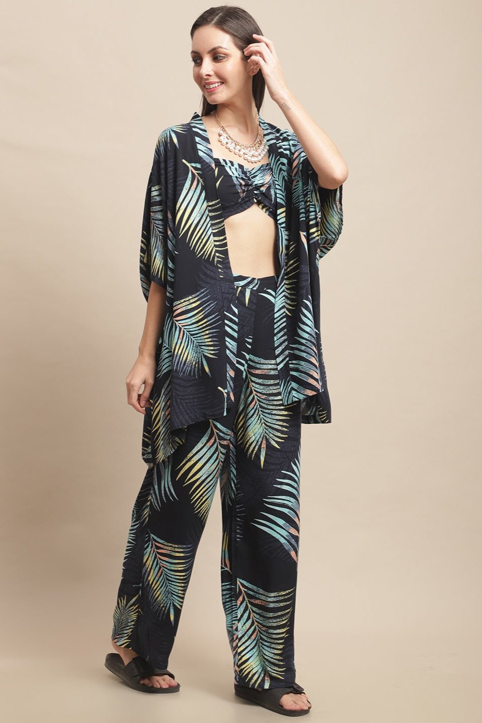 Navy Color Tropical Printed Viscose Rayon 3 pcs Beachwear Coverup Set Pyjama,Top and Robe For Woman Claura Designs Pvt. Ltd. Beachwear Beachwear, Beachwear_size, Coverup, Navy Blue, Swimwear, tropical