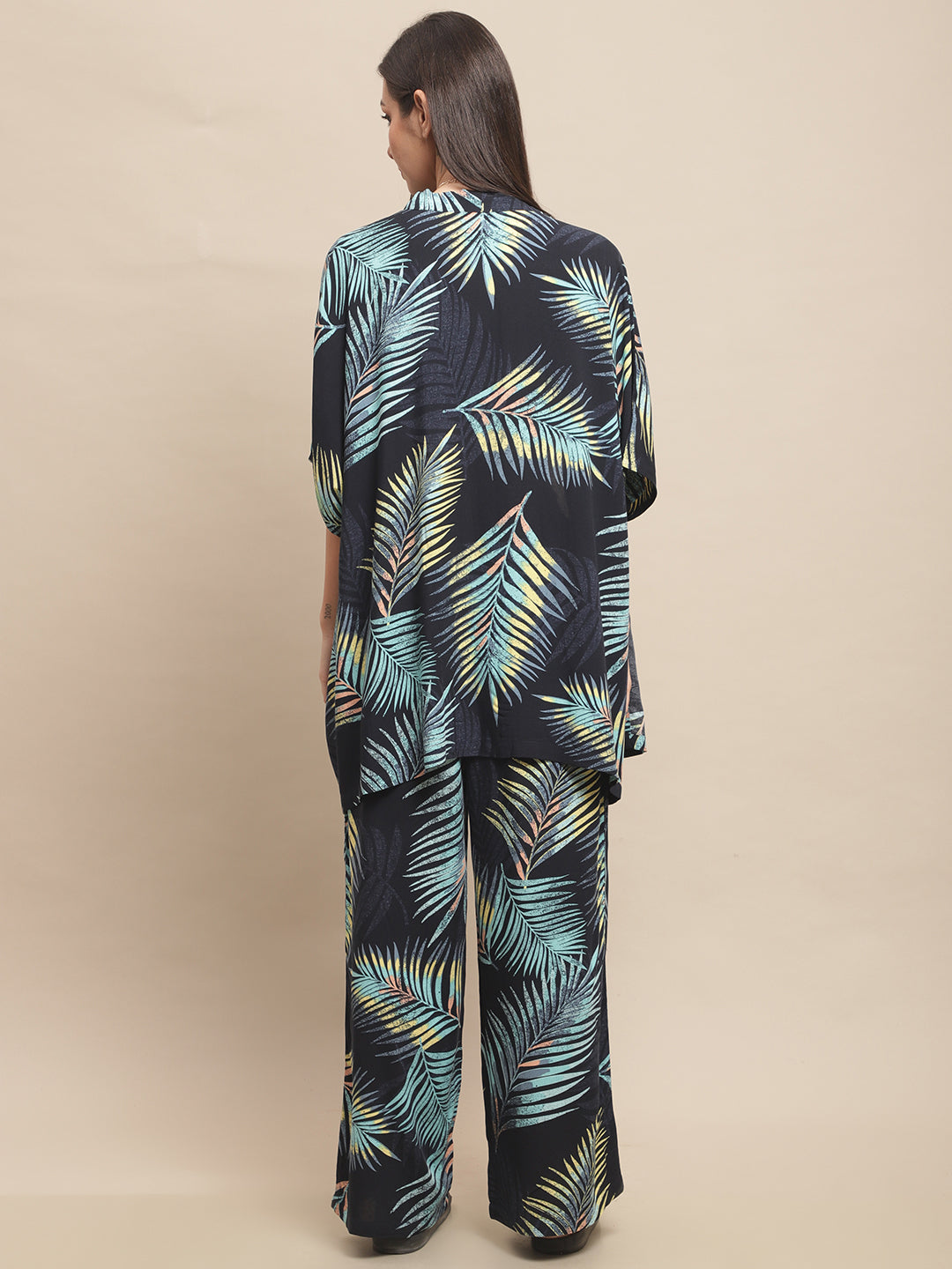 Navy Color Tropical Printed Viscose Rayon 3 pcs Beachwear Coverup Set Pyjama,Top and Robe For Woman Claura Designs Pvt. Ltd. Beachwear Beachwear, Beachwear_size, Coverup, Navy Blue, Swimwear, tropical