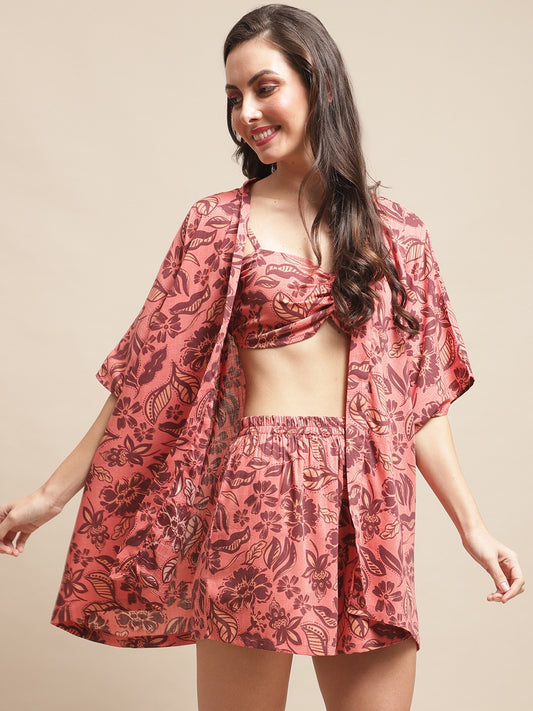 Rust Color Floral Viscose Rayon 3 pcs Coverup Set With Robe Beachwear For Woman Claura Designs Pvt. Ltd. Beachwear Beachwear, Beachwear_size, Coverup, Floral, Rayon, Rust color, Swimwear