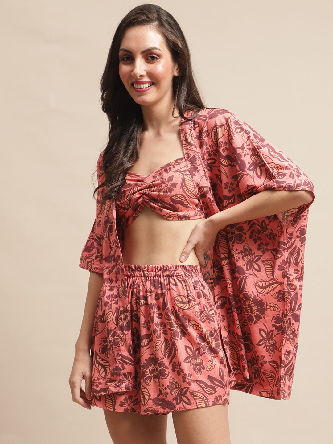 Rust Color Floral Viscose Rayon 3 pcs Coverup Set With Robe Beachwear For Woman Claura Designs Pvt. Ltd. Beachwear Beachwear, Beachwear_size, Coverup, Floral, Rayon, Rust color, Swimwear