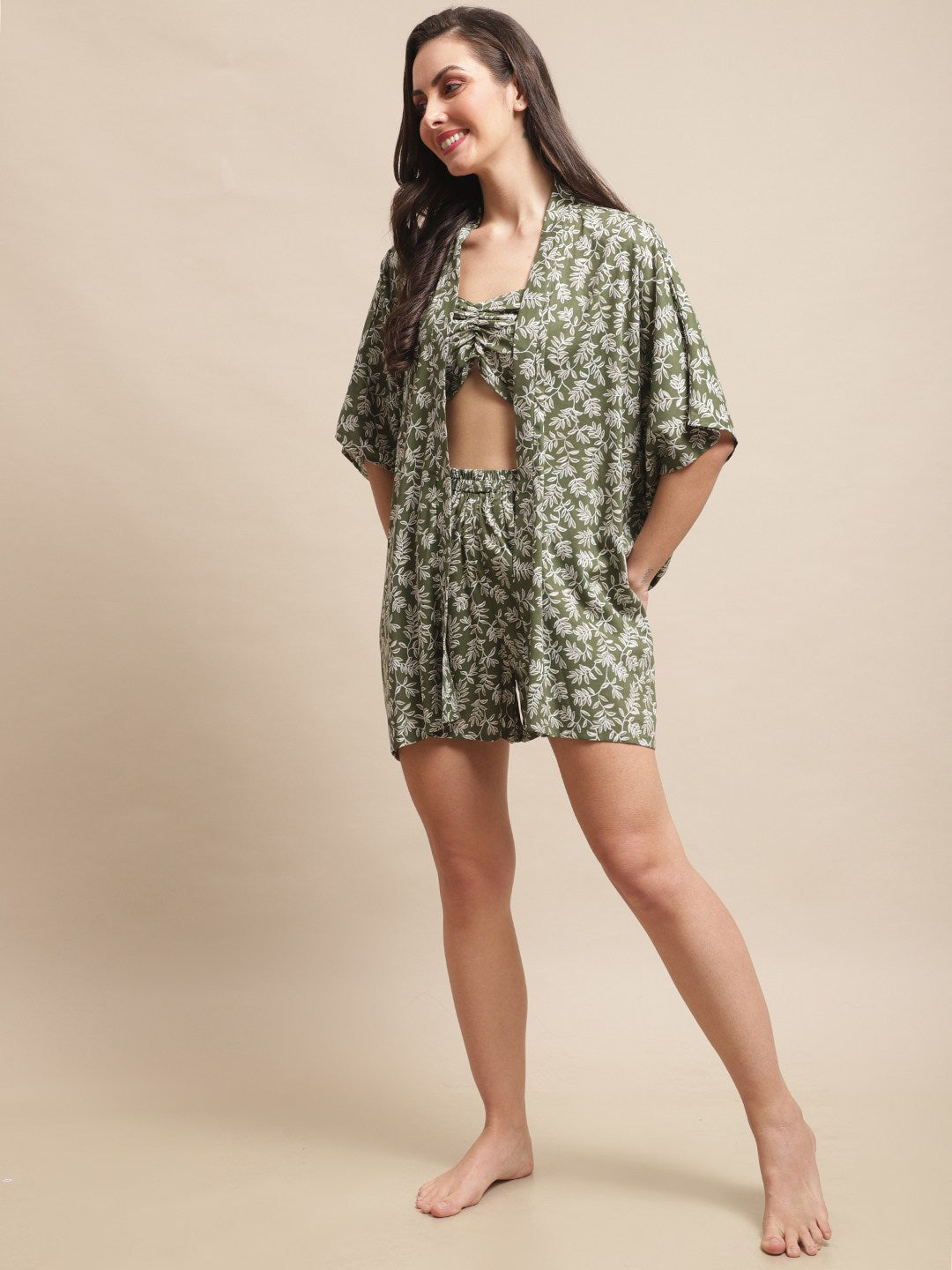 Green Color Floral Printed Viscose Rayon 3 pcs Coverup Set With Robe Beachwear For Woman Claura Designs Pvt. Ltd. Beachwear Beachwear, Beachwear_size, Coverup, Floral, Green, Printed, Rayon, Swimwear