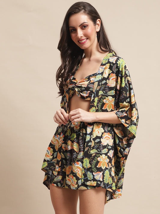 Black Floral Printed Viscose Rayon 3 pcs Coverup Set With Robe Beachwear For Woman Claura Designs Pvt. Ltd. Beachwear 3 pcs, Beachwear, Beachwear_size, Black, Cover-up, Floral, Printed, Rayon, Swimwear