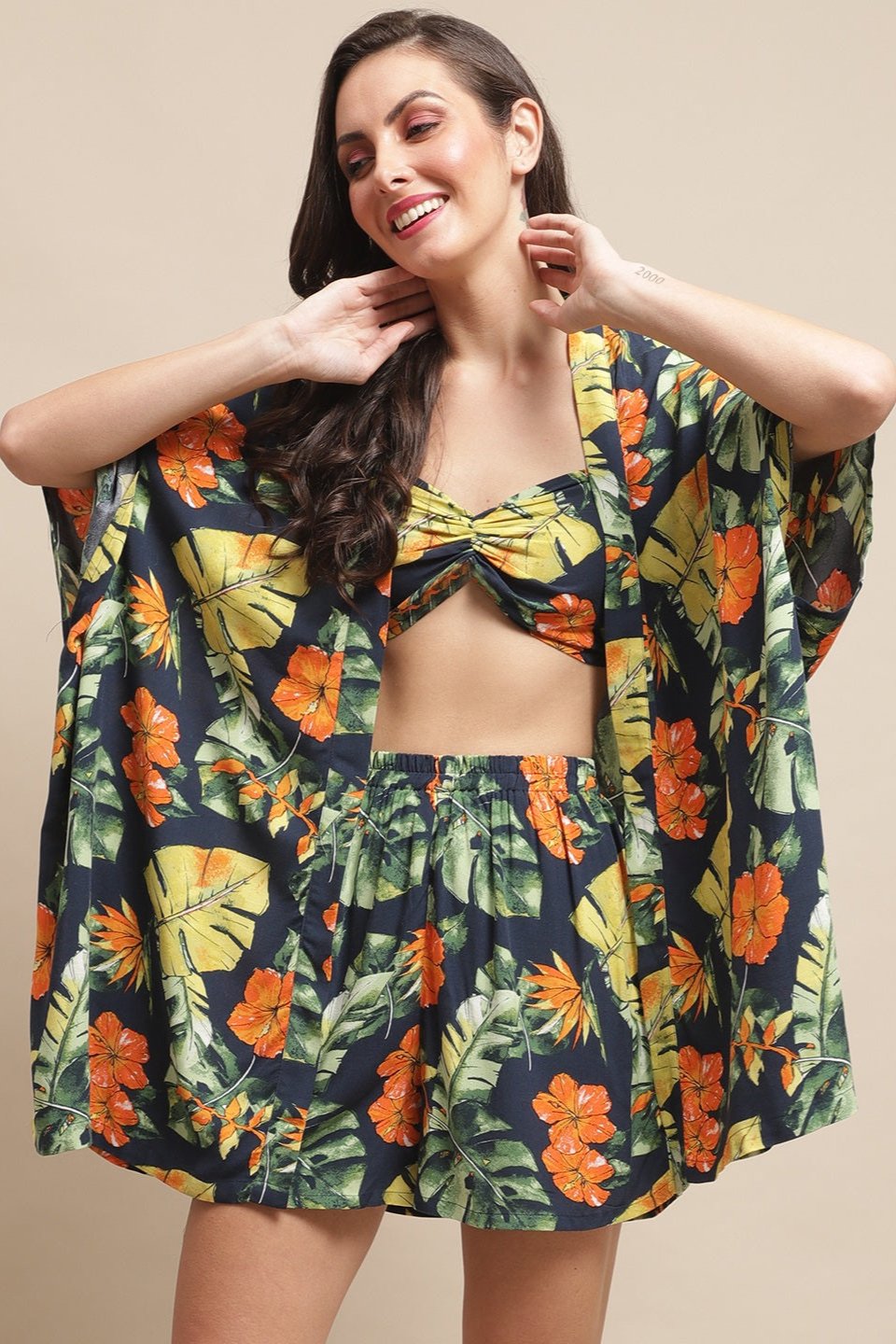 Navy Color Tropical Printed Viscose Rayon 3 pcs Coverup Set With Robe Beachwear For Woman Claura Designs Pvt. Ltd. Beachwear Beachwear, Beachwear_size, Coverup, Navy Blue, Rayon, Swimwear, tropical