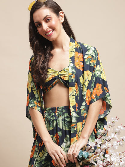 Navy Color Tropical Printed Viscose Rayon 3 pcs Coverup Set With Robe Beachwear For Woman Claura Designs Pvt. Ltd. Beachwear Beachwear, Beachwear_size, Coverup, Navy Blue, Rayon, Swimwear, tropical