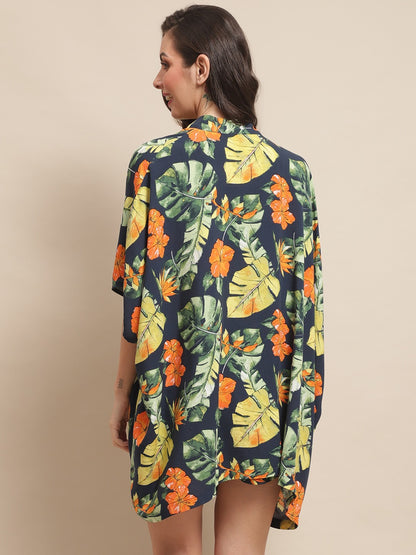 Navy Color Tropical Printed Viscose Rayon 3 pcs Coverup Set With Robe Beachwear For Woman Claura Designs Pvt. Ltd. Beachwear Beachwear, Beachwear_size, Coverup, Navy Blue, Rayon, Swimwear, tropical