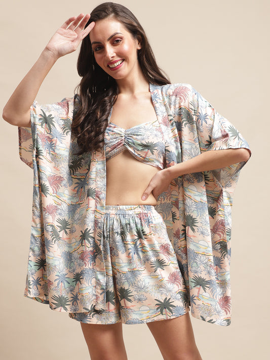 Peach Color Tropical Printed Viscose Rayon 3 pcs Coverup Set With Robe Beachwear For Woman Claura Designs Pvt. Ltd. Beachwear Beachwear, Beachwear_size, Coverup, peach color, Printed, Rayon, Swimwear, tropical
