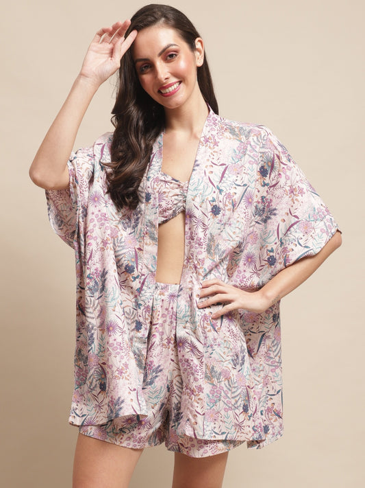 Mauve Color Floral Printed Viscose Rayon 3 pcs Coverup Set With Robe Beachwear  For Woman Claura Designs Pvt. Ltd. Beachwear Beachwear, Beachwear_size, Coverup, Floral, mauve color, Swimwear