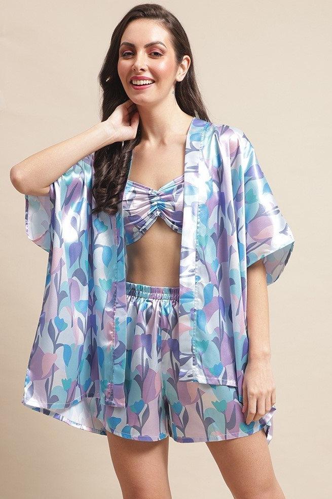 Blue Color Tropical Printed Satin 3 pcs Coverup Set With Robe Beachwear  For Woman Claura Designs Pvt. Ltd. Beachwear 3 pcs, Beachwear, Beachwear_size, blue, Coverup, Satin, Swimwear