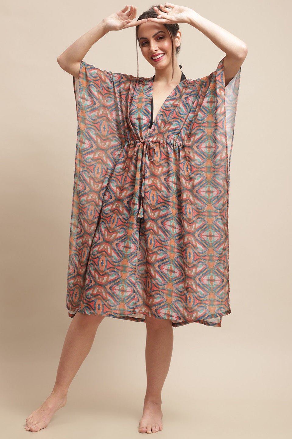 Multi Color Abstract Printed Georgette Coverup Robe Beachwear For Woman Claura Designs Pvt. Ltd. Beachwear Abstract Printed, Beachwear, Coverup, Georgette, multi color, Swimwear