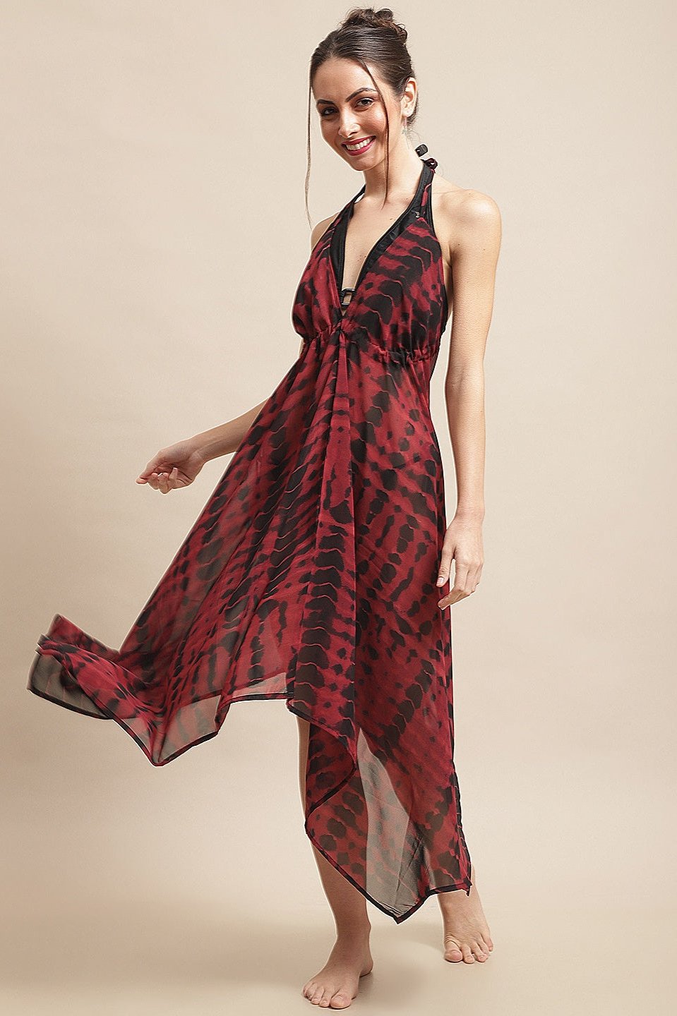 Maroon Color Tie and Dye Printed Georgette Coverup Beachwear For Woman Claura Designs Pvt. Ltd. Beachwear Beachwear, Beachwear_size, Coverup, Georgette, Maroon, Resortwear, Swimwear