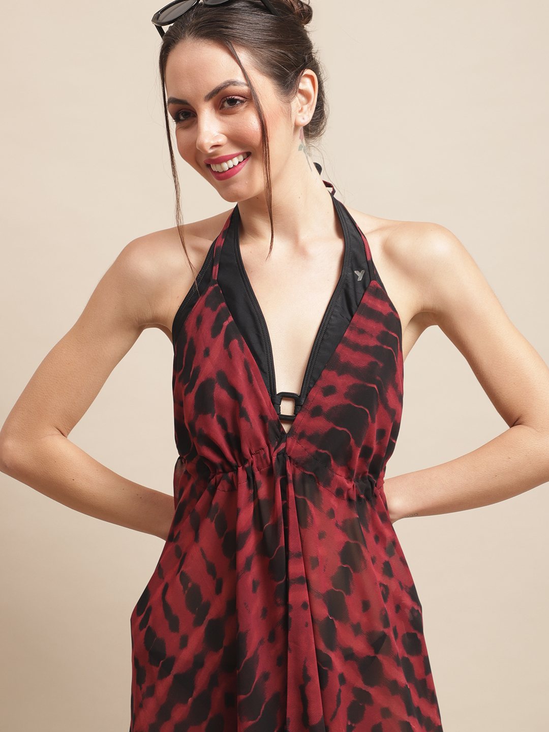 Maroon Color Tie and Dye Printed Georgette Coverup Beachwear For Woman Claura Designs Pvt. Ltd. Beachwear Beachwear, Beachwear_size, Coverup, Georgette, Maroon, Resortwear, Swimwear