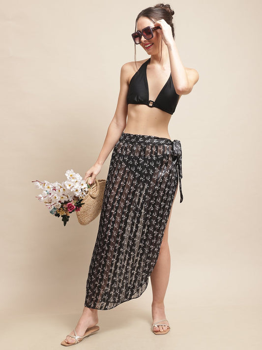 Black Color Floral Printed Georgette Coverup Skirt Beachwear For Woman Claura Designs Pvt. Ltd. Beachwear Beachwear, Beachwear_size, Black, black color, Coverup, floral, georgette, Swimwear