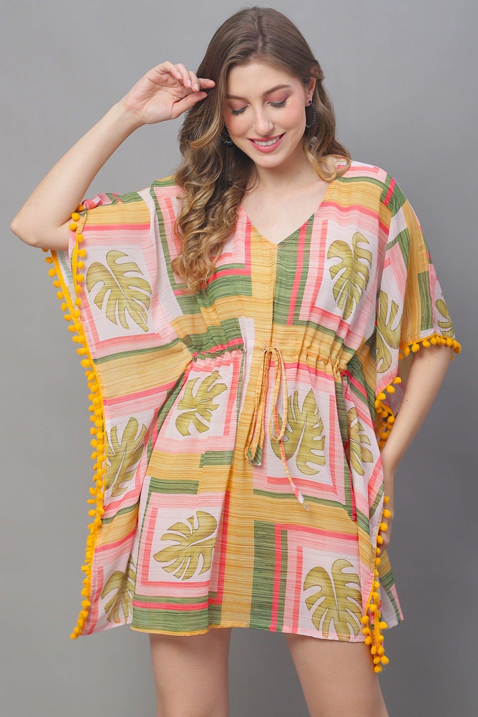 Yellow Color Tropical Georgette Coverup Beachwear Kaftan For Woman Claura Designs Pvt. Ltd. Kaftan Beachwear, Coverup, Free Size, Georgette, kaftan_freesize, Swimwear, Yellow