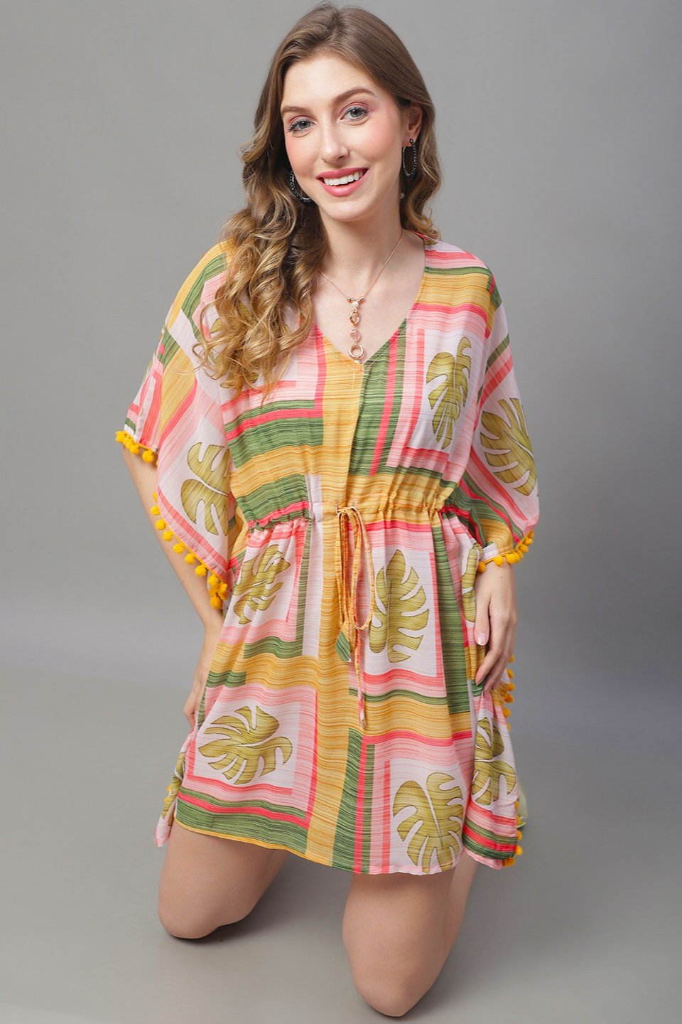 Yellow Color Tropical Georgette Coverup Beachwear Kaftan For Woman Claura Designs Pvt. Ltd. Kaftan Beachwear, Coverup, Free Size, Georgette, kaftan_freesize, Swimwear, Yellow