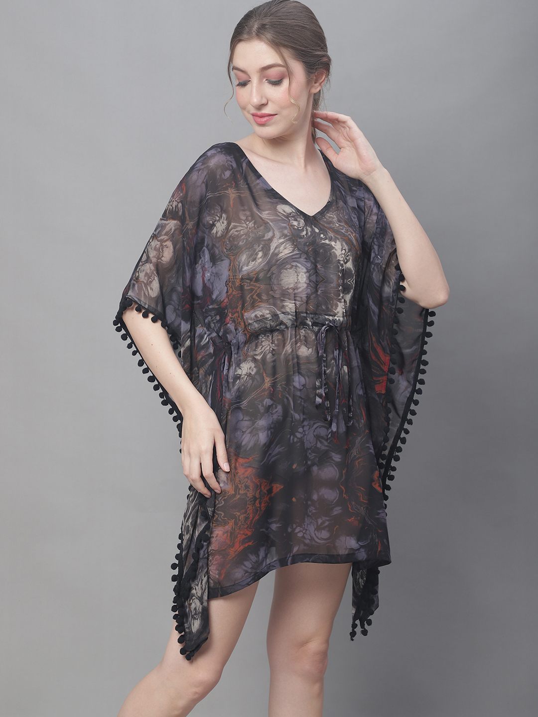 Black Color Abstract Printed Georgette Coverup  Beachwear Kaftan For Woman Claura Designs Pvt. Ltd. Kaftan black color, Coverup, georgette, kaftan, kaftan_freesize, Printed, Swimwear, V.Neck