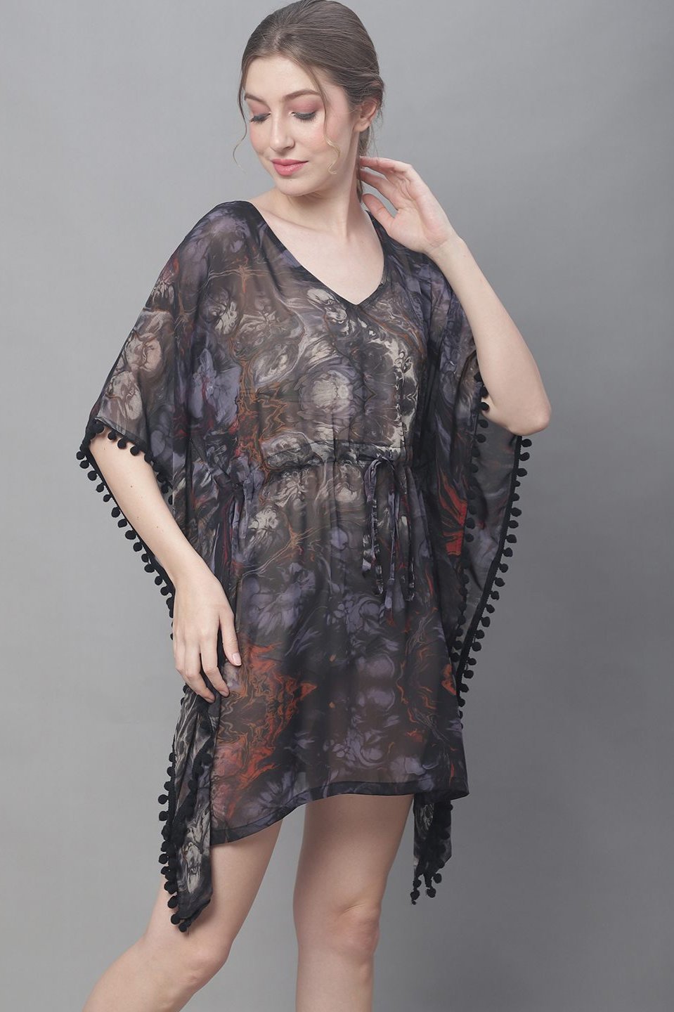 Black Color Abstract Printed Georgette Coverup  Beachwear Kaftan For Woman Claura Designs Pvt. Ltd. Kaftan black color, Coverup, georgette, kaftan, kaftan_freesize, Printed, Swimwear, V.Neck