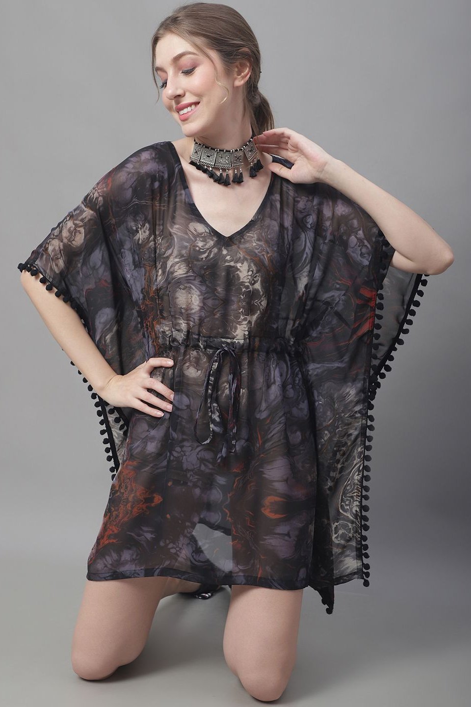 Black Color Abstract Printed Georgette Coverup  Beachwear Kaftan For Woman Claura Designs Pvt. Ltd. Kaftan black color, Coverup, georgette, kaftan, kaftan_freesize, Printed, Swimwear, V.Neck