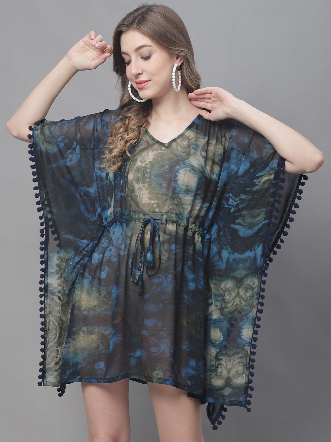 Blue Color Abstract Georgette Coverup Beachwear Kaftan For Woman Claura Designs Pvt. Ltd. Kaftan Beachwear, blue, Coverup, Free Size, Georgette, kaftan, Printed, Swimwear, V-Neck