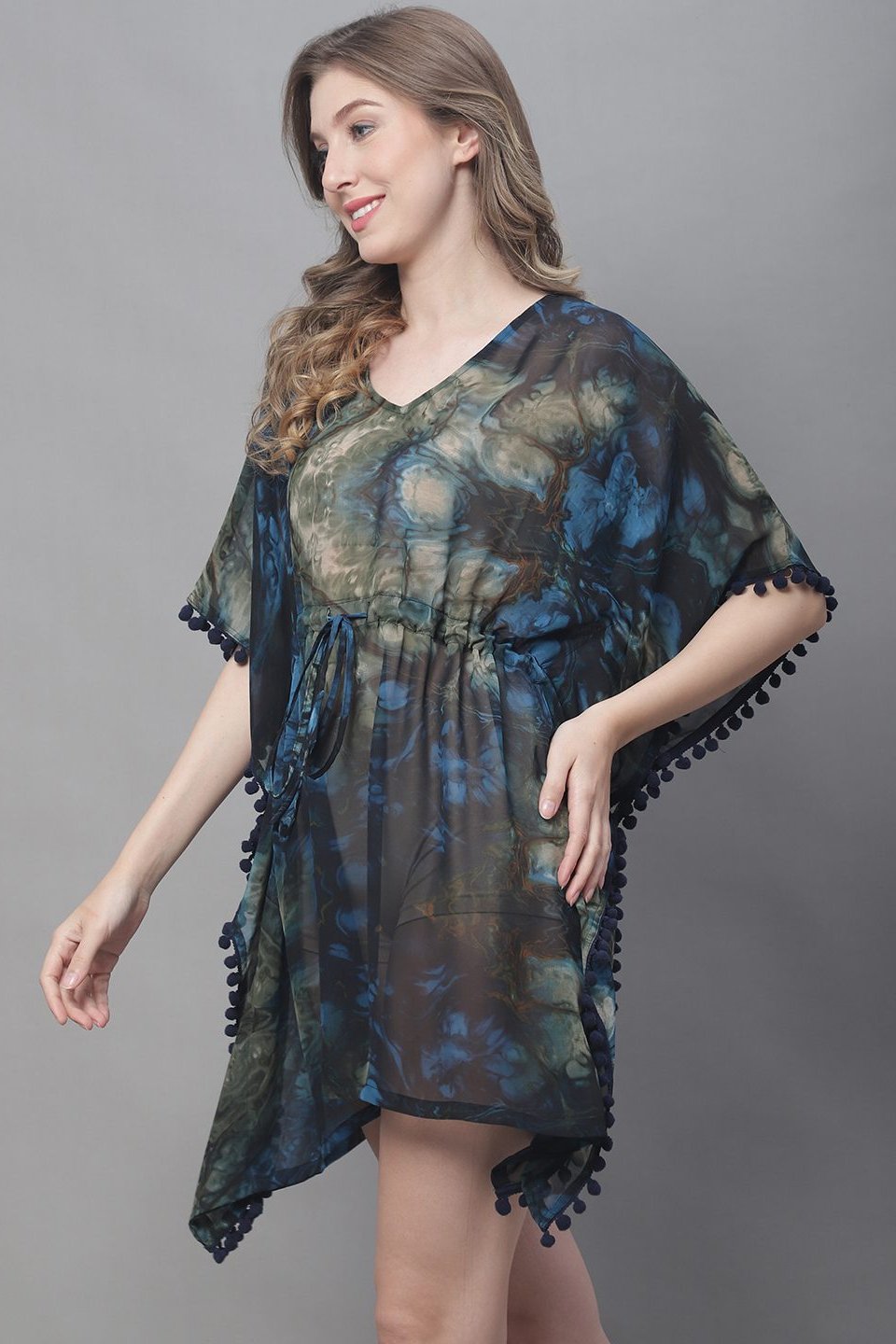 Blue Color Abstract Georgette Coverup Beachwear Kaftan For Woman Claura Designs Pvt. Ltd. Kaftan Beachwear, blue, Coverup, Free Size, Georgette, kaftan, Printed, Swimwear, V-Neck