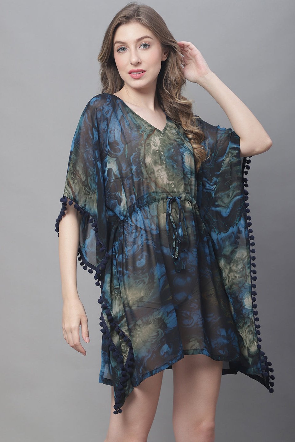 Blue Color Abstract Georgette Coverup Beachwear Kaftan For Woman Claura Designs Pvt. Ltd. Kaftan Beachwear, blue, Coverup, Free Size, Georgette, kaftan, Printed, Swimwear, V-Neck