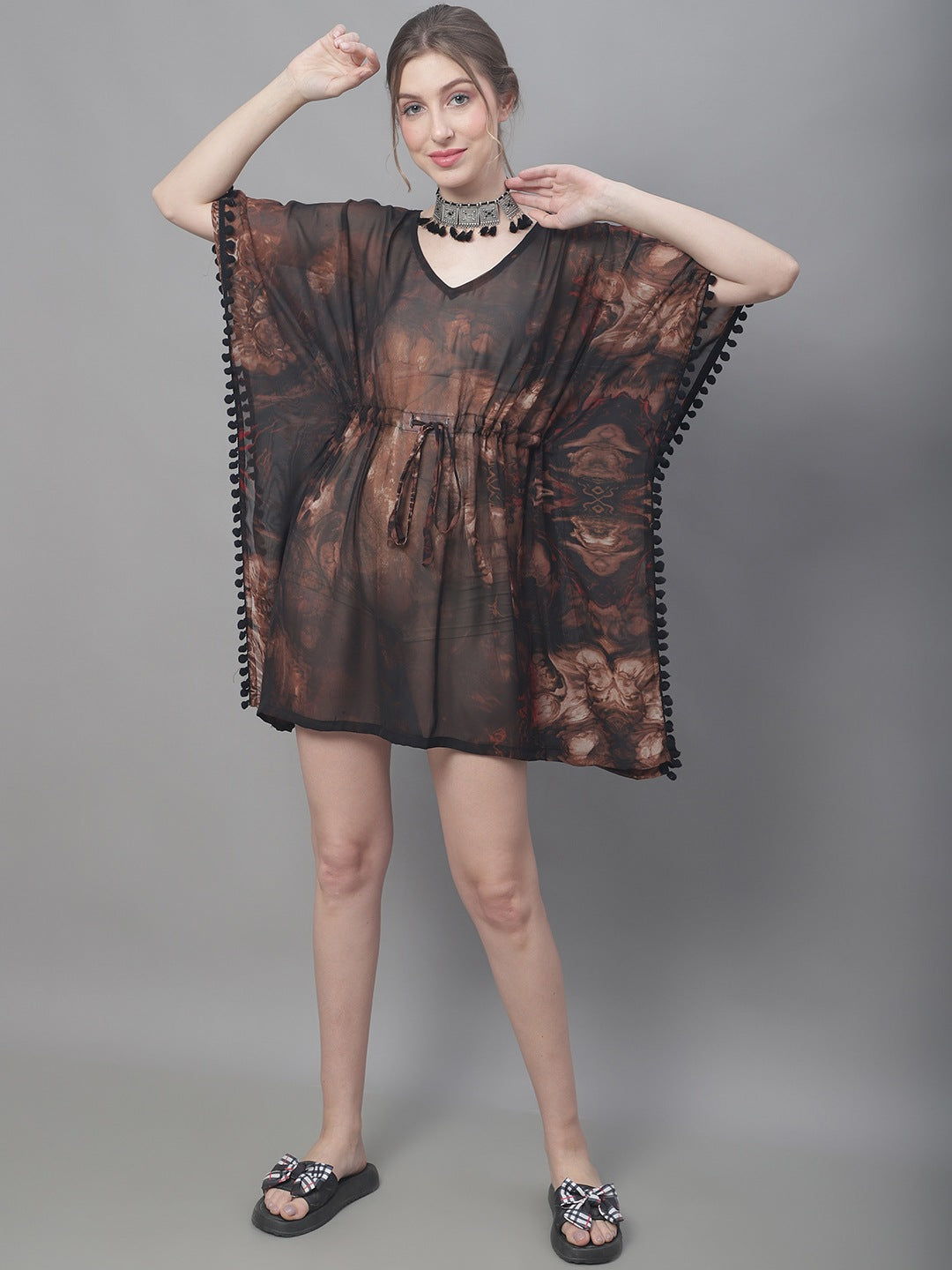 Brown Color Abstract Printed Georgette Coverup Beachwear Kaftan For Woman Claura Designs Pvt. Ltd. Kaftan Beachwear, brown, Coverup, kaftan, kaftan_freesize, Printed, Swimwear, V-Neck