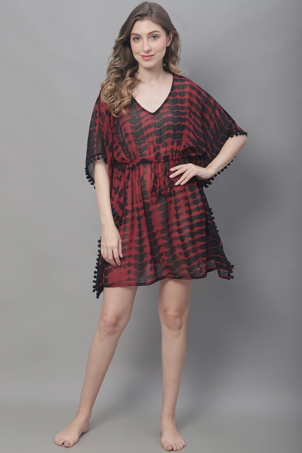 Maroon Color Tie and Dye Printed Georgette Coverup Beachwear Kaftan For Woman Claura Designs Pvt. Ltd. Kaftan Beachwear, Coverup, Georgette, kaftan, kaftan_freesize, Maroon, Swimwear