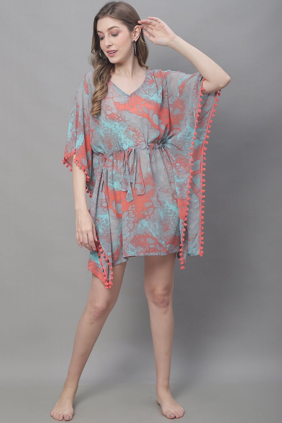 Peach Color Abstract Printed Georgette Coverup Beachwear Kaftan For Woman Claura Designs Pvt. Ltd. Kaftan Beachwear, Coverup, Free Size, Georgette, kaftan_freesize, peach color, Swimwear