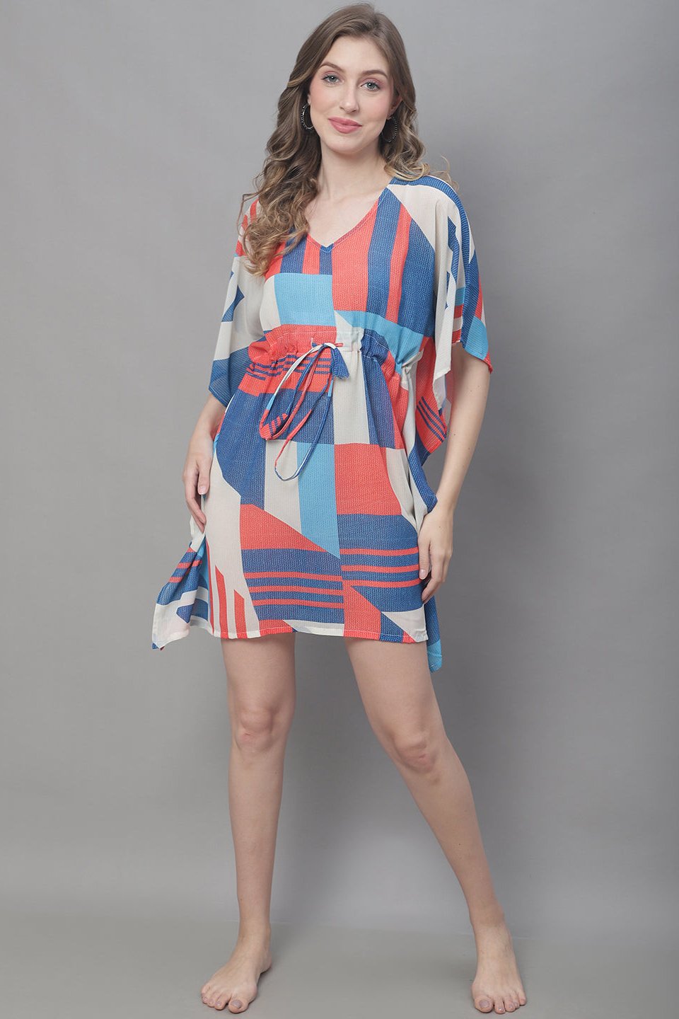 Blue Color Abstract Georgette Coverup Beachwear Kaftan For Woman Claura Designs Pvt. Ltd. Kaftan blue, Coverup, Georgette, kaftan, Kaftan_allsizes, Printed, Swimwear, V-Neck