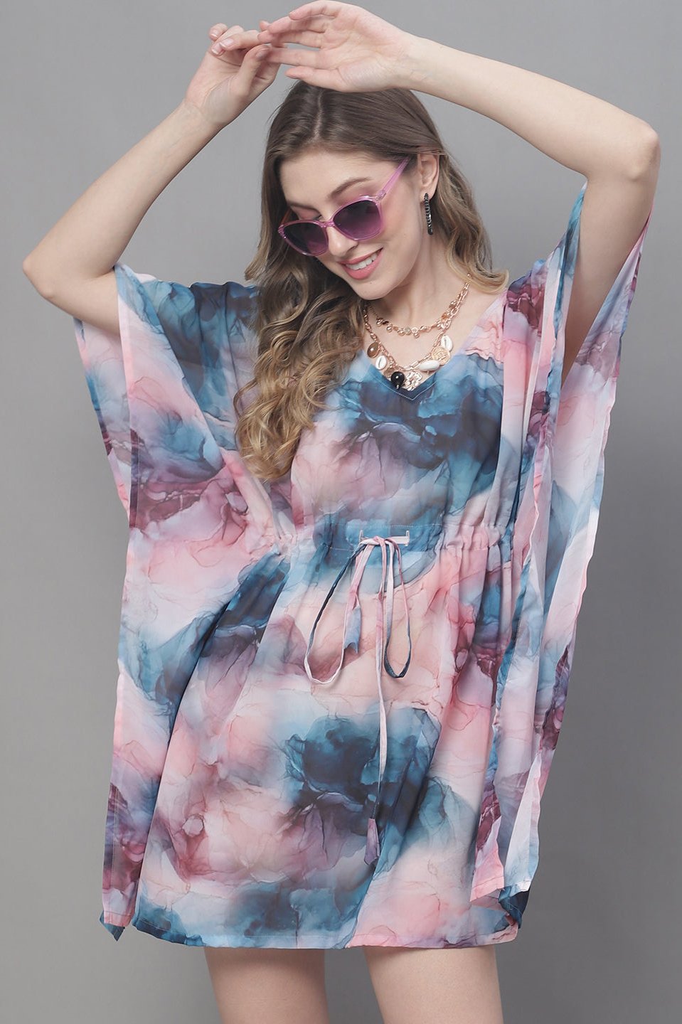 Multi Color Tie and Dye Printed Georgette Coverup Beachwear Kaftan For Woman Claura Designs Pvt. Ltd. Kaftan Beachwear, Coverup, Georgette, kaftan_freesize, multi color, Swimwear