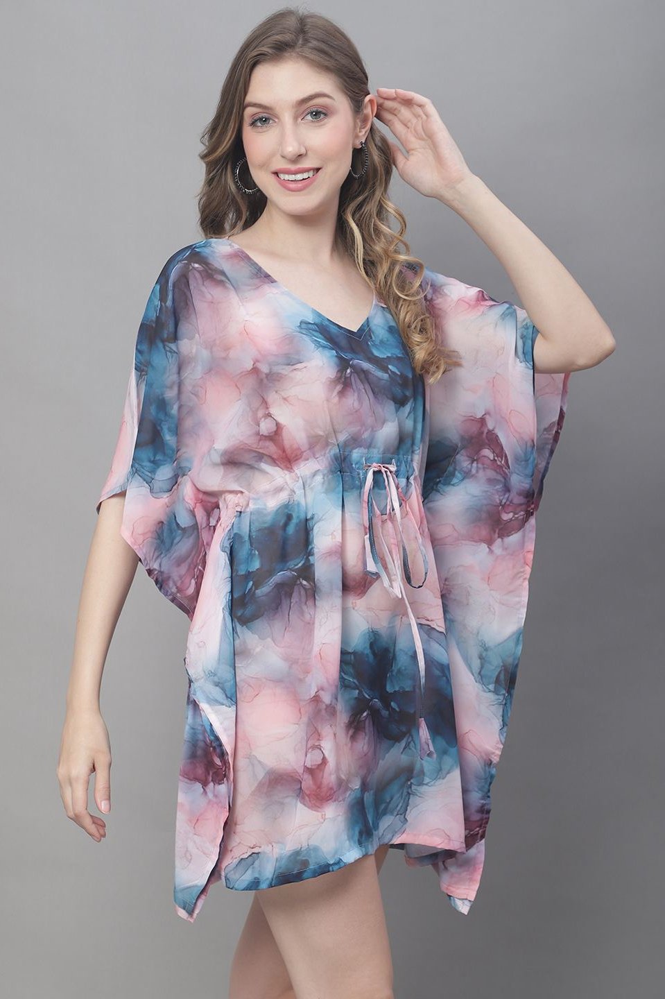 Multi Color Tie and Dye Printed Georgette Coverup Beachwear Kaftan For Woman Claura Designs Pvt. Ltd. Kaftan Beachwear, Coverup, Georgette, kaftan_freesize, multi color, Swimwear