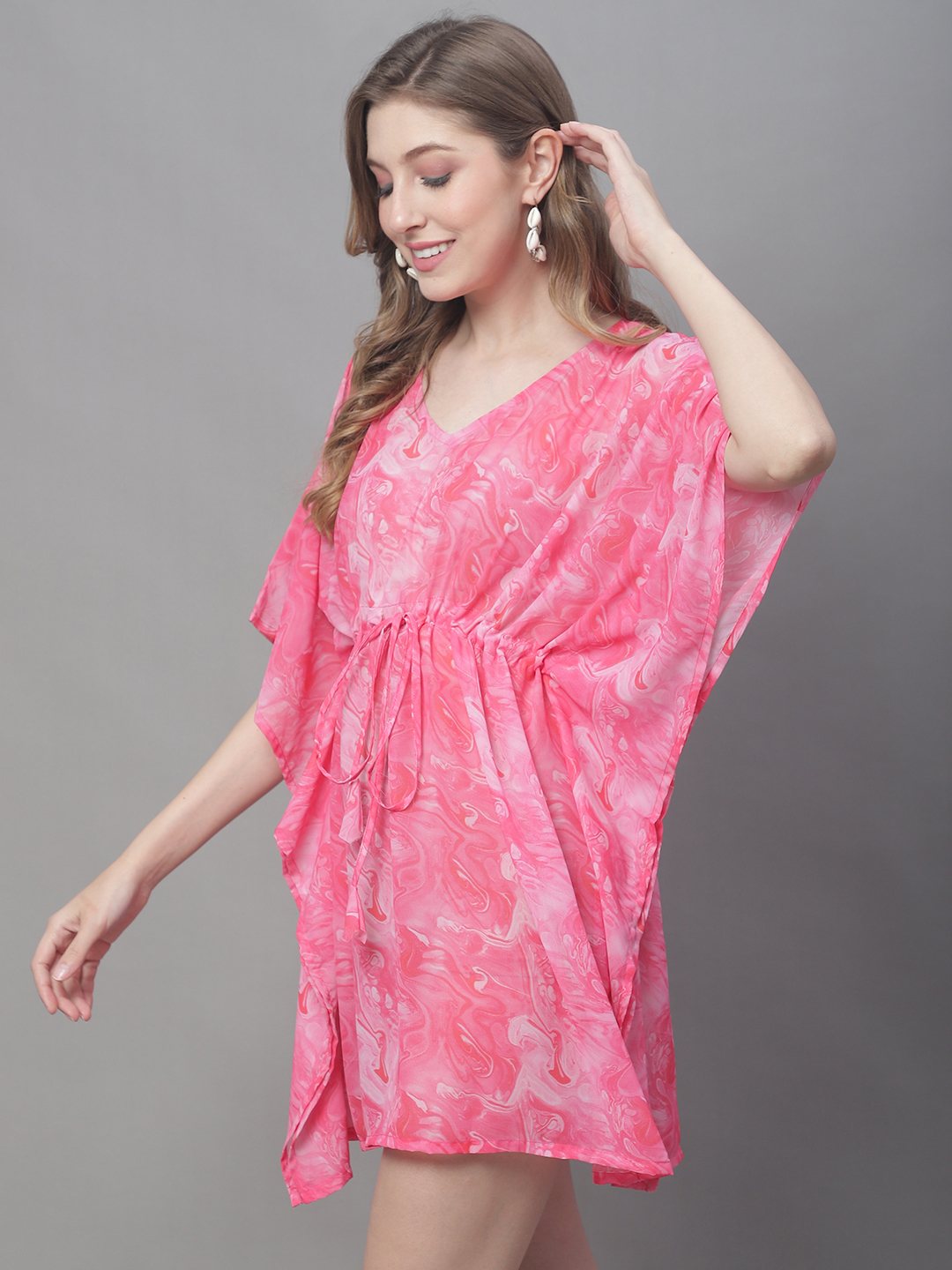 Pink Color Tie and Dye Printed Georgette Coverup Beachwear Kaftan For Woman Claura Designs Pvt. Ltd. Kaftan Beachwear, Coverup, Georgette, kaftan, kaftan_freesize, Pink, Swimwear