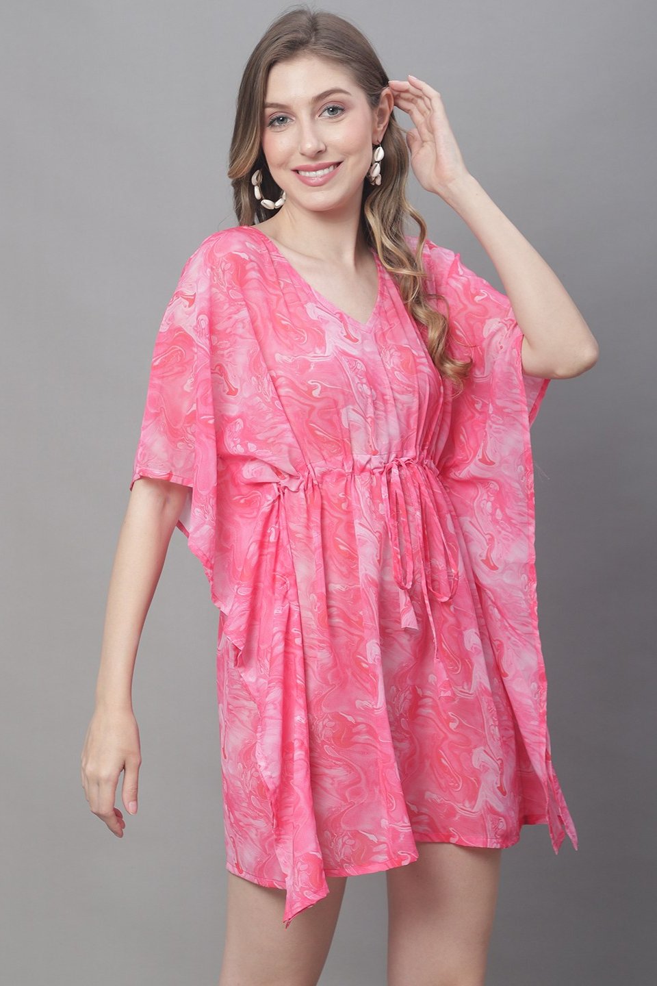 Pink Color Tie and Dye Printed Georgette Coverup Beachwear Kaftan For Woman Claura Designs Pvt. Ltd. Kaftan Beachwear, Coverup, Georgette, kaftan, kaftan_freesize, Pink, Swimwear