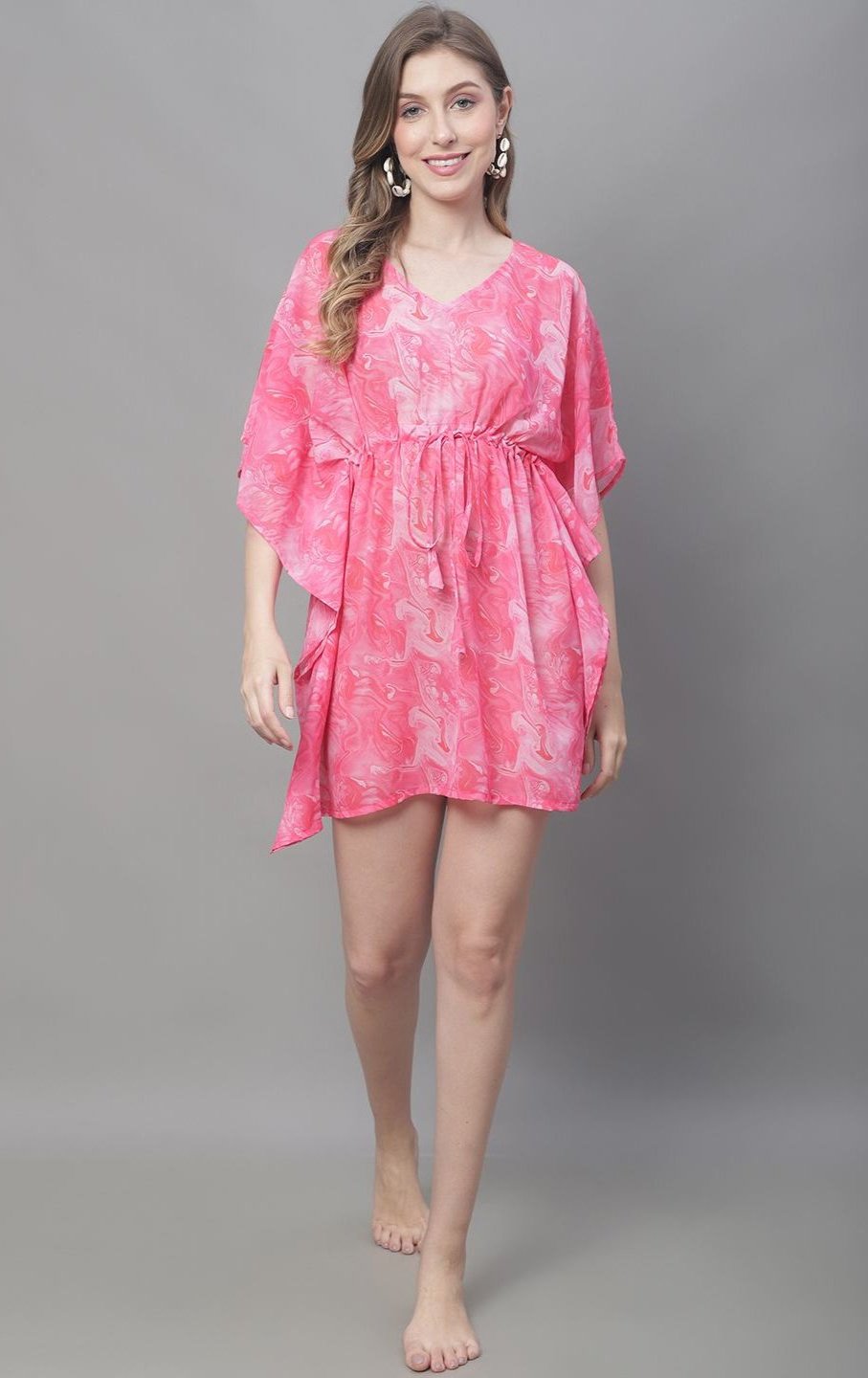 Pink Color Tie and Dye Printed Georgette Coverup Beachwear Kaftan For Woman Claura Designs Pvt. Ltd. Kaftan Beachwear, Coverup, Georgette, kaftan, kaftan_freesize, Pink, Swimwear