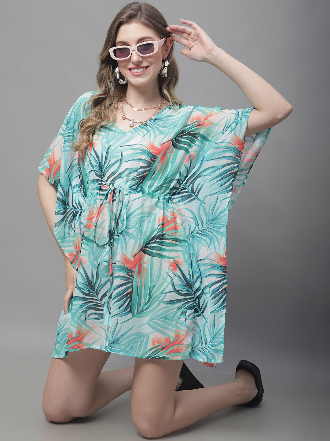 Green Color Tropical Printed Georgette Coverup Beachwear For Woman Claura Designs Pvt. Ltd. Kaftan Beachwear, Coverup, Free Size, Green, kaftan_freesize, Swimwear, tropical